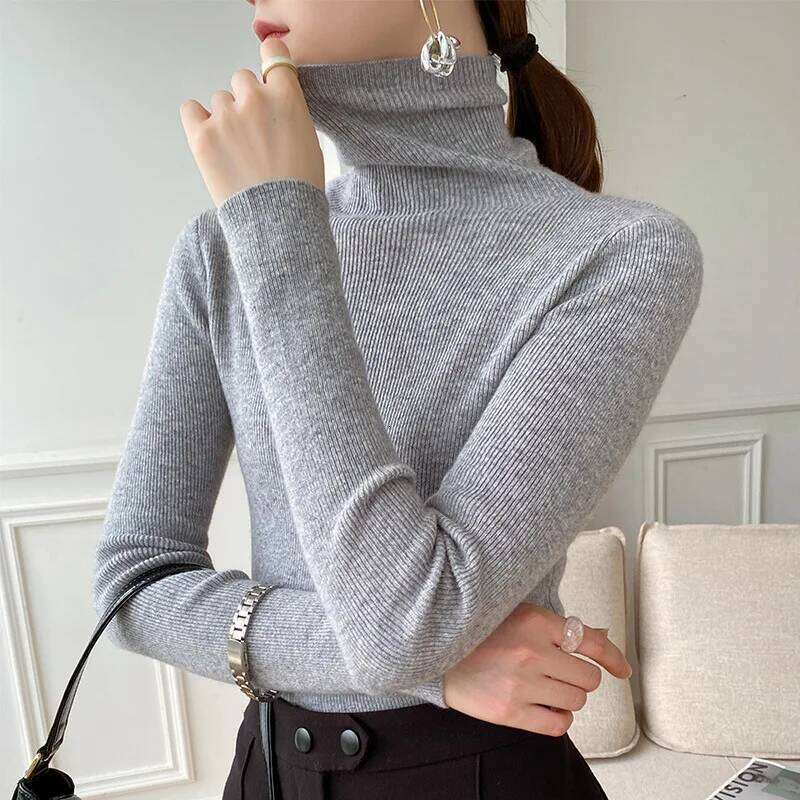 Korean Casual Solid Bottoming Shirt Women Autumn Winter Turtleneck Warm Knitwear Pullovers Fashion Slim Brown Sweater Z260313
