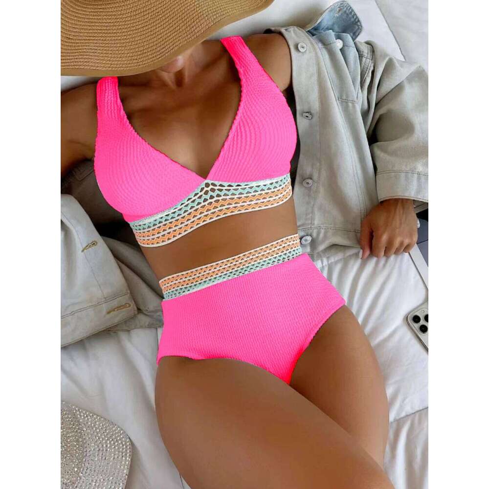 2025 Sexy Strape Tape Swimsuit Women Solid High Waist Bikini Set V-neck Swimwear Female Padded Bathing Suit Swimming Beachwear Y260303