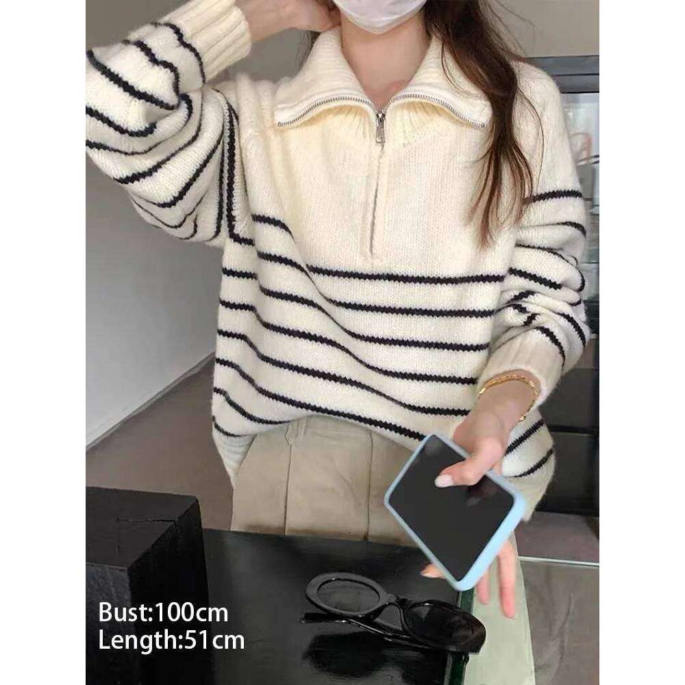Autumn Winter New Chic Turn Down Collar Zipper Pullovers Knitted Sweater Women Casual Loose Long Sleeve Women's Sweaters Tops Z260314