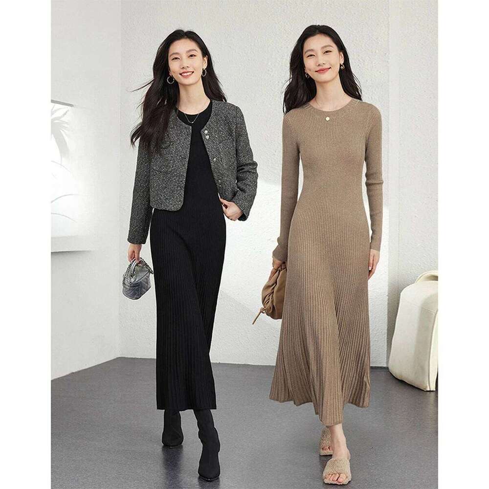 VIMLY Long Dresses 2025 Winter Woman Elegant Wool Blend Knitted Evening A-line Round Neck Slim Bodycon Midi Dress 73533 Z260313