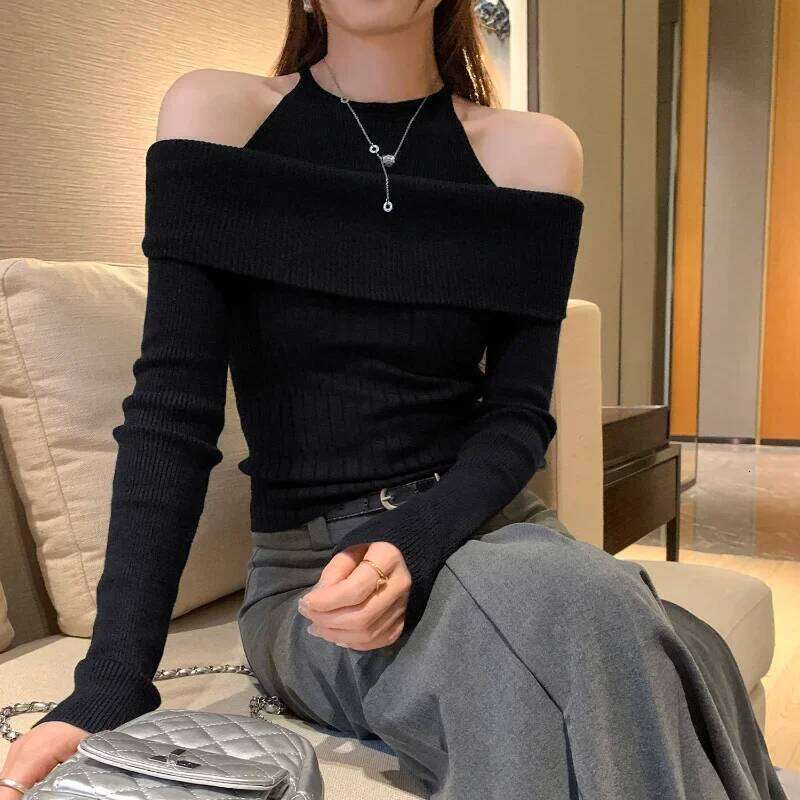 Unique Design Fake Two Piece Off Shoulder Long Sleeve Knitwear Womens Spring Autumn New Arrival Stand Alone Top Z260313