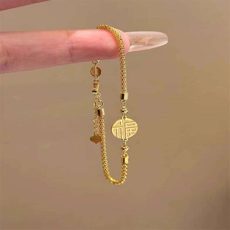 Gold Plated Fortune Character Bracelet For Women Luxury Stainless Steel New Year Versatile Bracelets Good Luck Wealth Jewelry Z260313