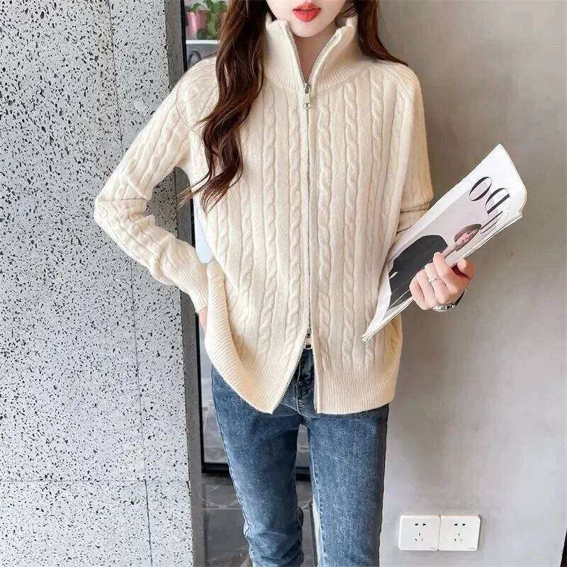 2025 Winter New Thick Turtleneck Cashmere Knitted Cardigan Women Casual Knit Loose Wool Sweater Female Tops Z260314
