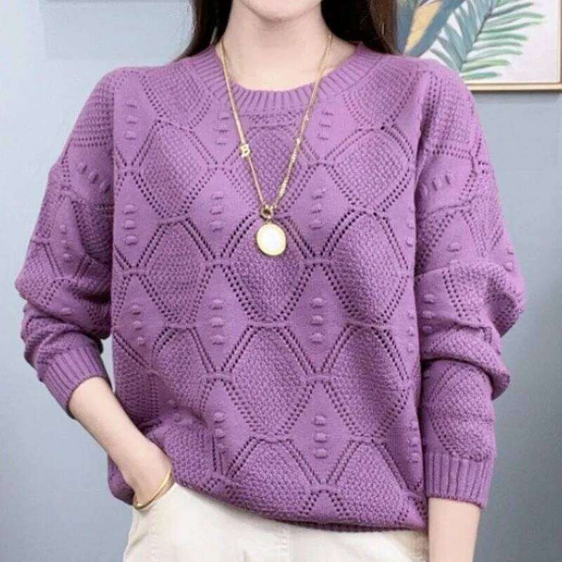 Fashion Round Neck Solid Color Knitted Sweater Hollow Women's Clothing Spring and Autumn Summer New Thin Loose Long Sleeves Z260314
