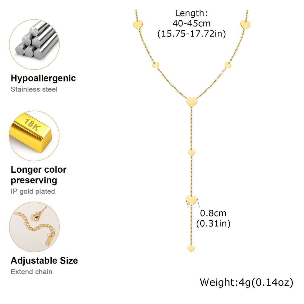 Heart Drop Lariat Necklace For Women, Y Shape Long Chain Stainlss Steel 18K Gold Color Layered Jewelry H260312