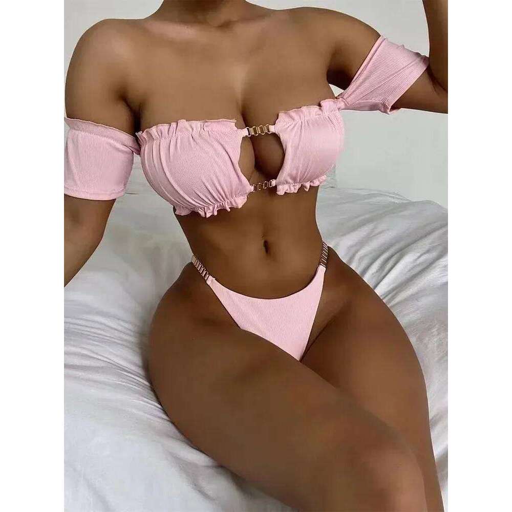Sexy Solid Bikinis 2024 Women Off Shoulder Hollow Out Thong Swimsuit Brazilian Bathing Suit Ruffle Push UP Swimwear Biquini Swim Y260303