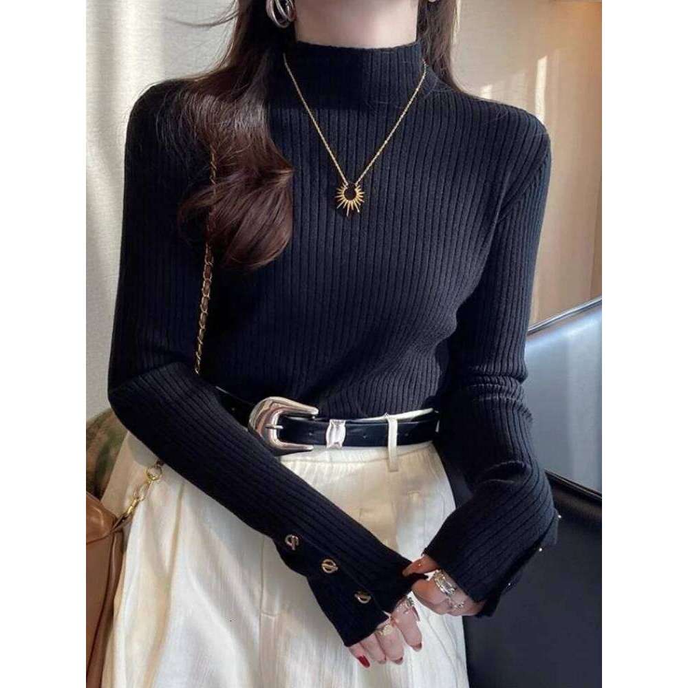 2025 Pullovers Women Autumn Winter Knitted Slim Sweaters Solid Button Full Sleeve Half High Collar Sweater Female Casual Tops Z260313