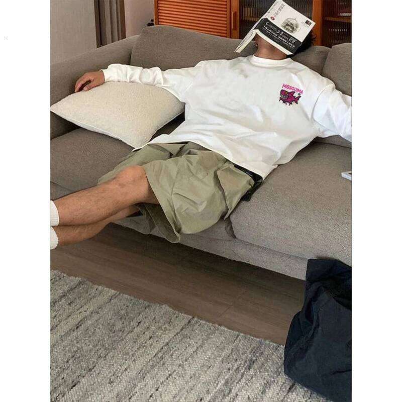 American Street Shark Print Autumn 2025 New 100% Cotton White Long sleeves Casual Loose T-shirt Top Y2k Men clothing Z260314