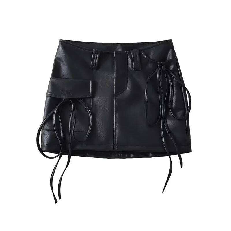 QNQO Skirts for Women Y2k Fashion Lace Up PU Leather Black 2025 New Korean Style Slim Pocket Hip Wrap Women's Mini Skirt Z260314