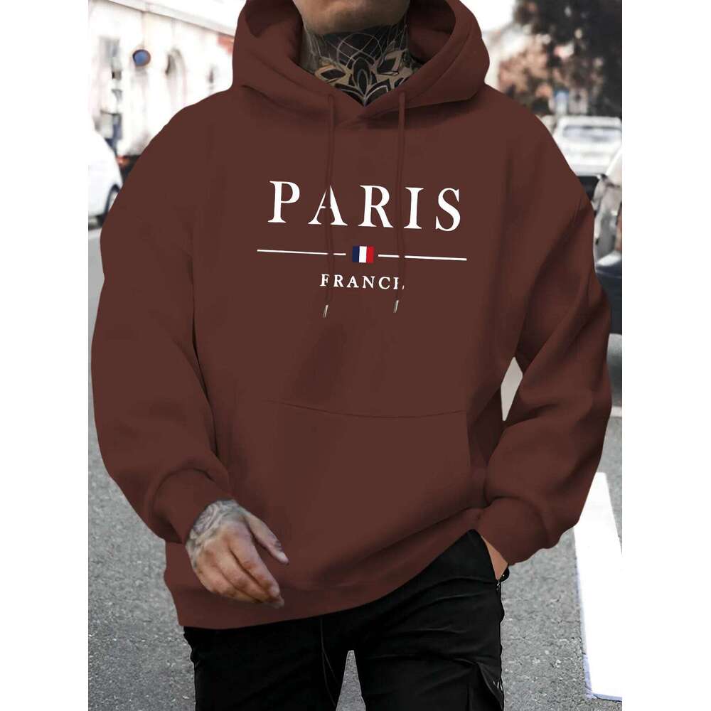 Men's autumn and winter casual fashion loose Paris letter pattern printed long sleeved hooded sweatshirt warm pullover Z260314