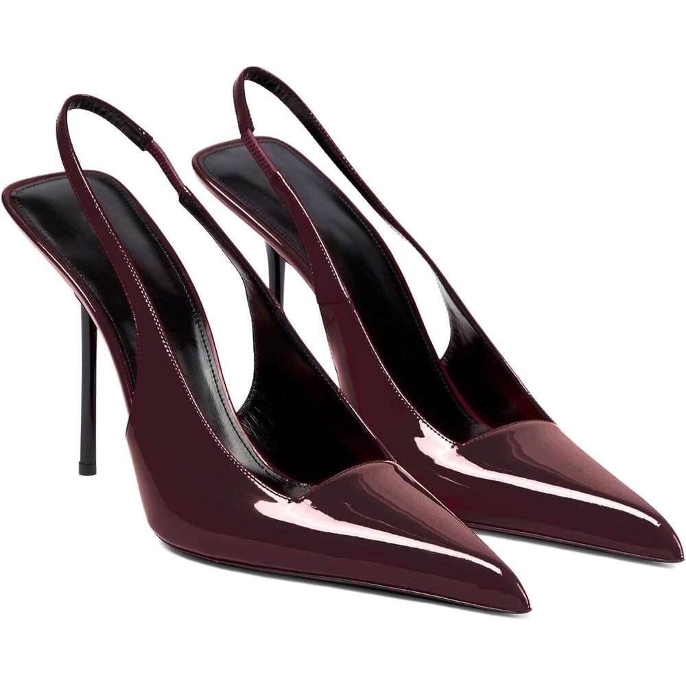 Women S Slingback Stiletto High Pointed Toe Slip On Pumps Shoes Patent Leather Stretch Strap Backless Dress Heels MOJIDASHU