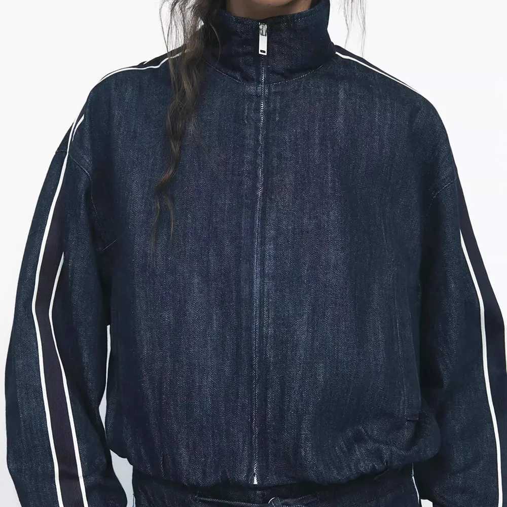 PRINTKAOIR Women High Street Denim Set Side Stripe Stand Collar Zipper Jacket Lace-Up Pant 2025 Autumn Winter Casual Female Set M260313