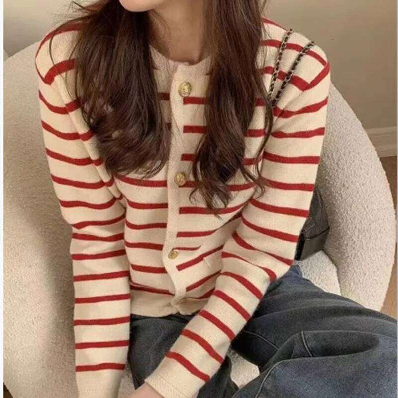 Stripe Knitted Cardigan Women Spring Autumn O-neck Single Breasted Long Sleeve Crop Tops Fashion Casual Chic Female Sweaters Z260313