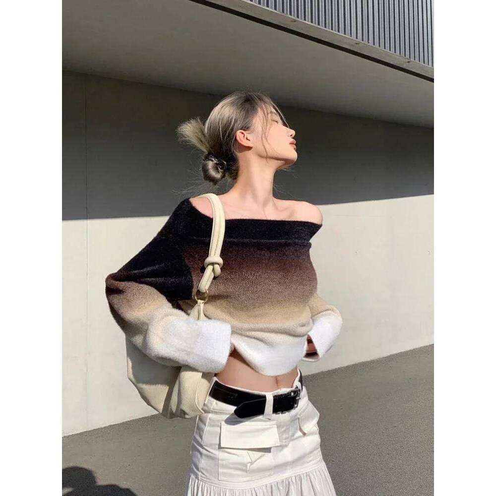 Slash Neck Sweaters Women Gradient Color Advanced Slouchy All-match American Style Long Sleeve High Street Sexy Knitwear Autumn Z260313