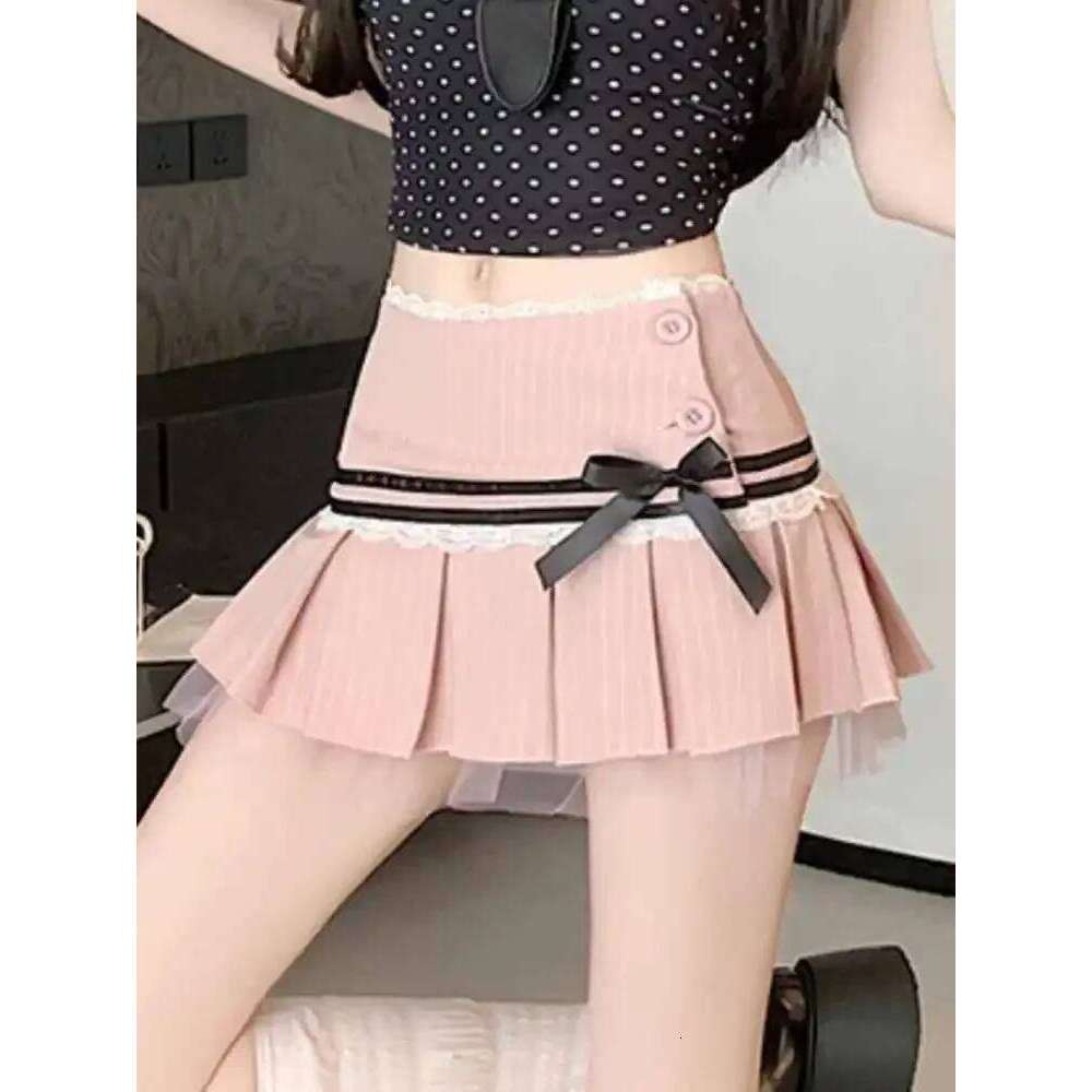 Summer Korean Sweet Striped Pink Pleated Skirts Women's Elegant Bow Hight Waist A Line Y2k Sexy Lace Streetwear Mini Skirt Z260314