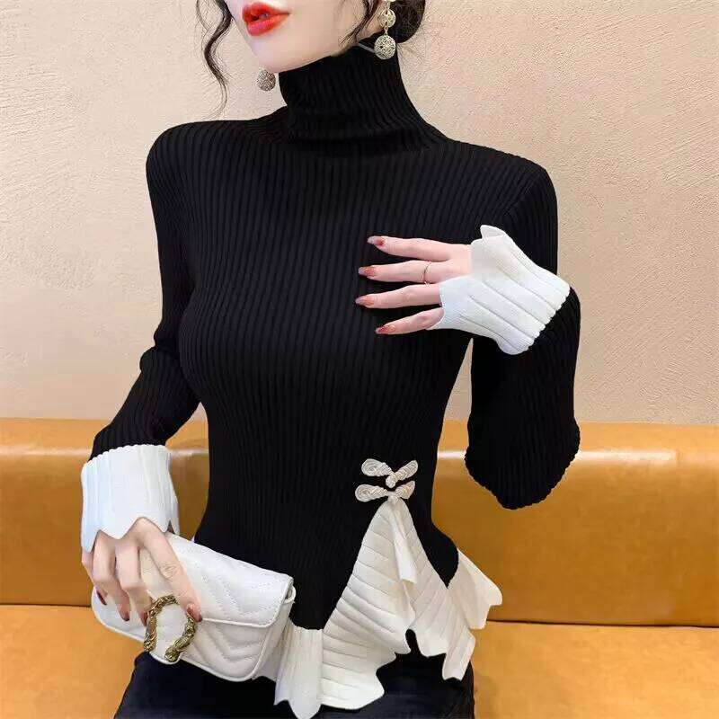 Vintage Knot Button Knitted New Spring Autumn Elasticity Slim Turtleneck Sweater Long Sleeve Office Lady Elegant Shirt Z260313