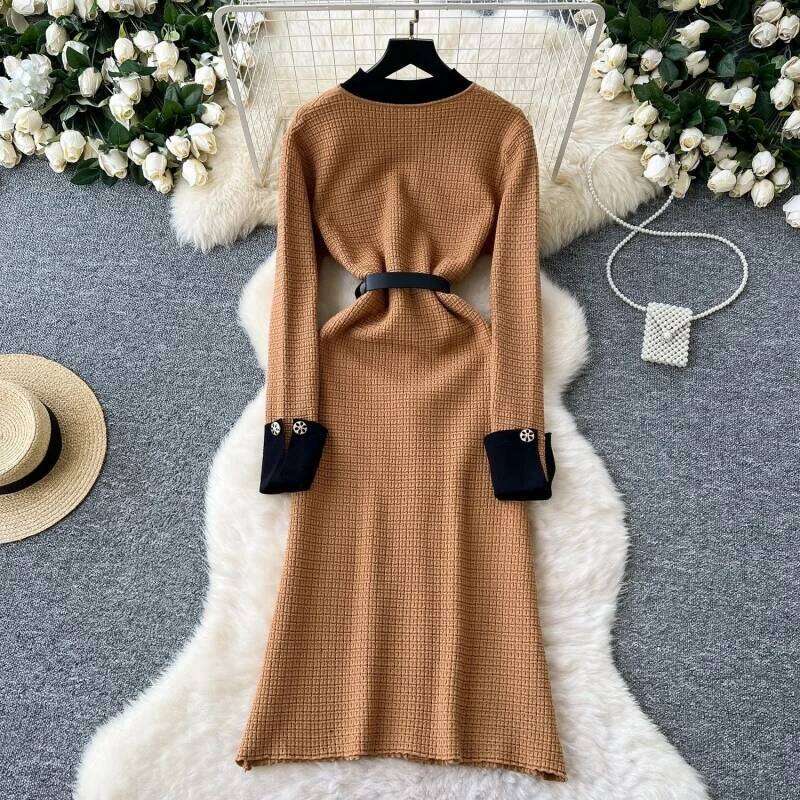 Elegant Knitted Slim Fit Autumn Clothing Women Full Sleeve Split Midi Dresses OL Style Pullovers Sweater Dress Robe Femmes Z260313
