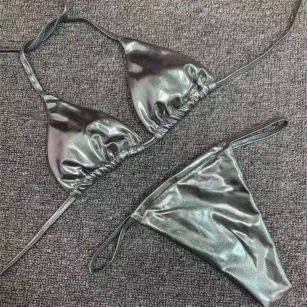 Sexy String Bikini Triangle Swimsuit Goth Silver Y2K Swimwear Women Backless Bathing Suit Micro Extreme Tanga mujer Beach Outfit Y260303