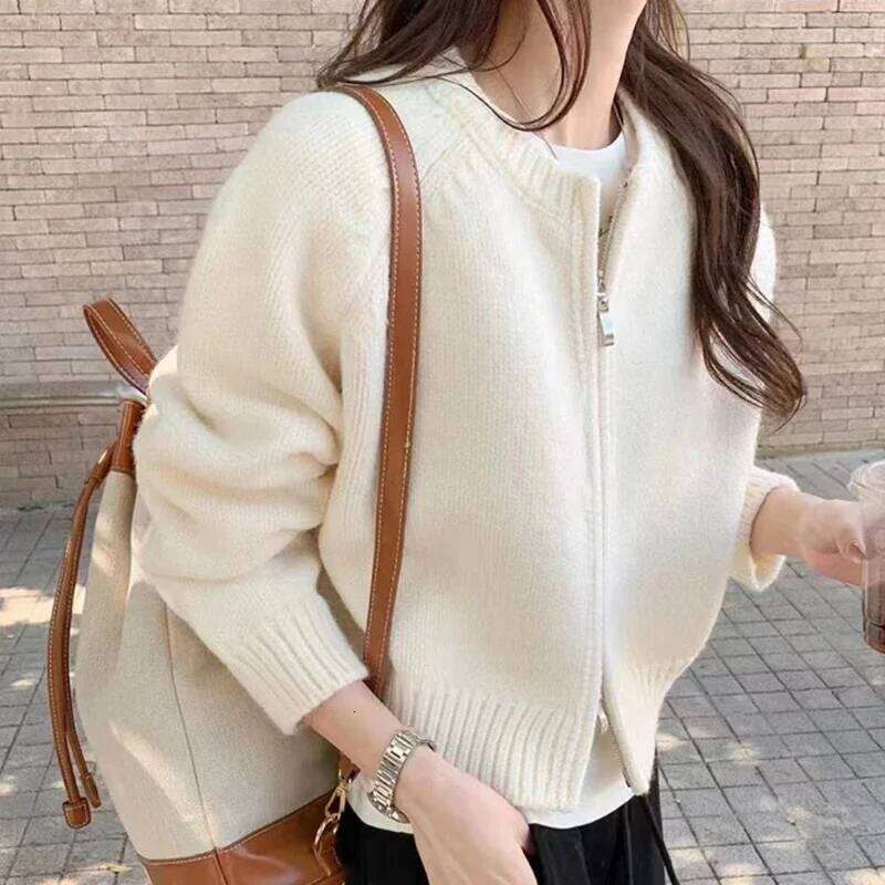 Autumn Winter Women's O Neck Zip-Up Knitted Cardigan, Long Sleeve Sweater, Korean Style Chic Casual Fashion Z260313