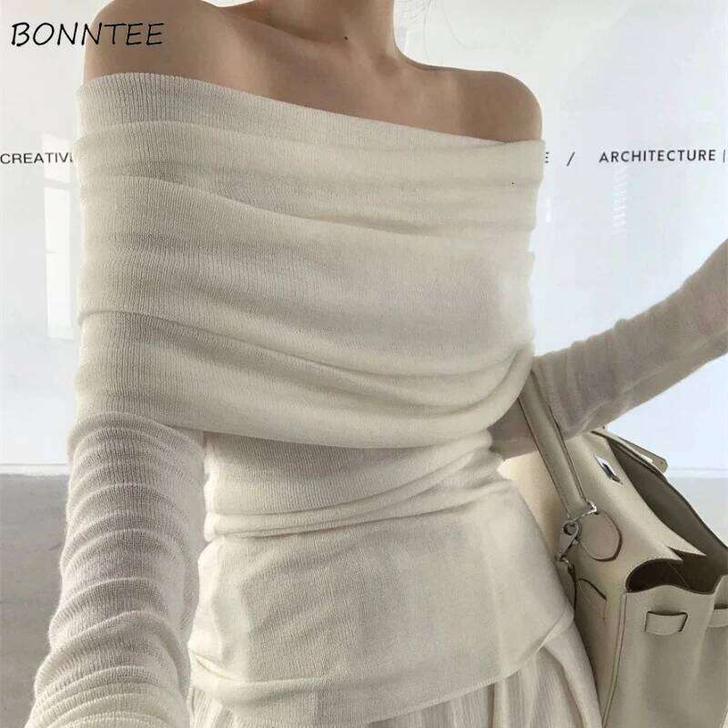 Pullovers Women Off-shoulder Korean Fashion Slim Fit Sexy Spicy Girls Streetwear Knitted Slash Neck Sweaters Pleated Inner Chic Z260313