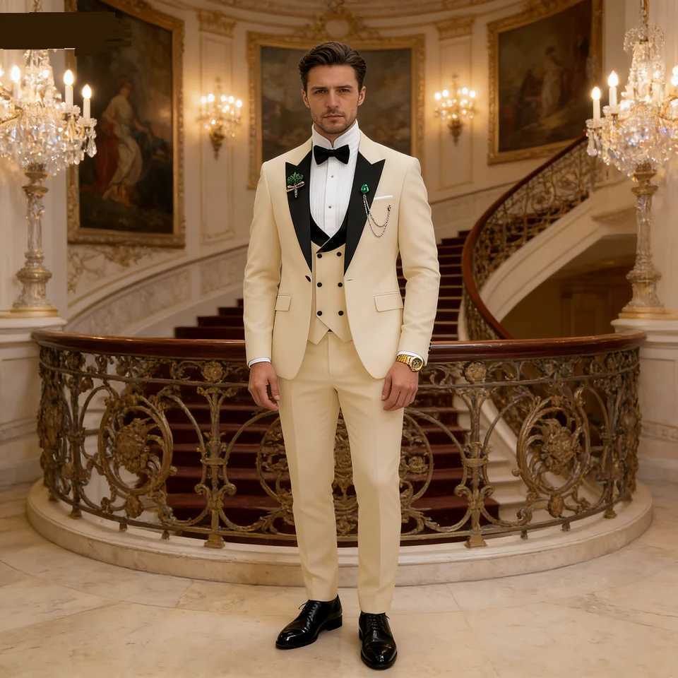 3 Pieces Mens Wedding Suits Formal Groom Tuxedo Slim Fit Business Casual Double Breasted Blazer Vest Pants Set for Party M260313