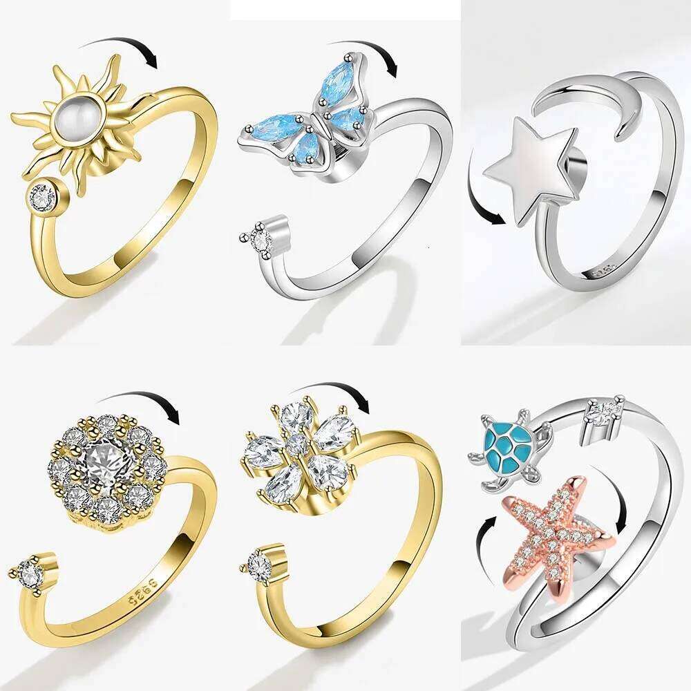 Sunflower Rotating Anxiety Ring For Women Spinner Fidgets Adjustable Open Rings Cute Animal Butterfly Turtle Bague Anti Stress H260312