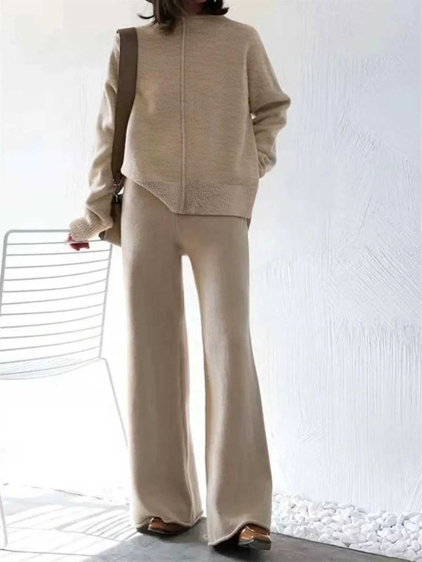 Womens Beige Oversized Knit Two-Piece Set with Half-Zip Sweater And Wide-Leg Pants Casual Loungewear M260313