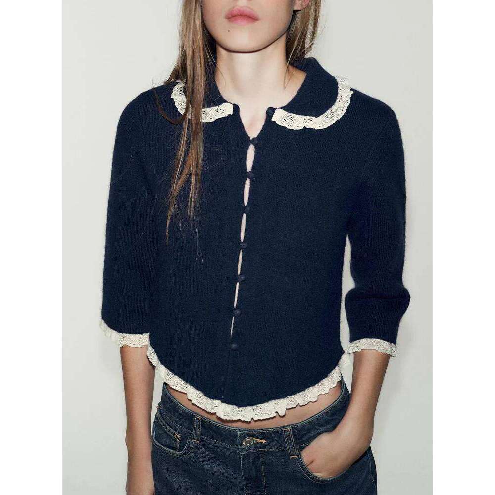 European style new arrival women's fashion versatile long-sleeved knitted cardigan jacket with lace trim and small round collar. Z260313