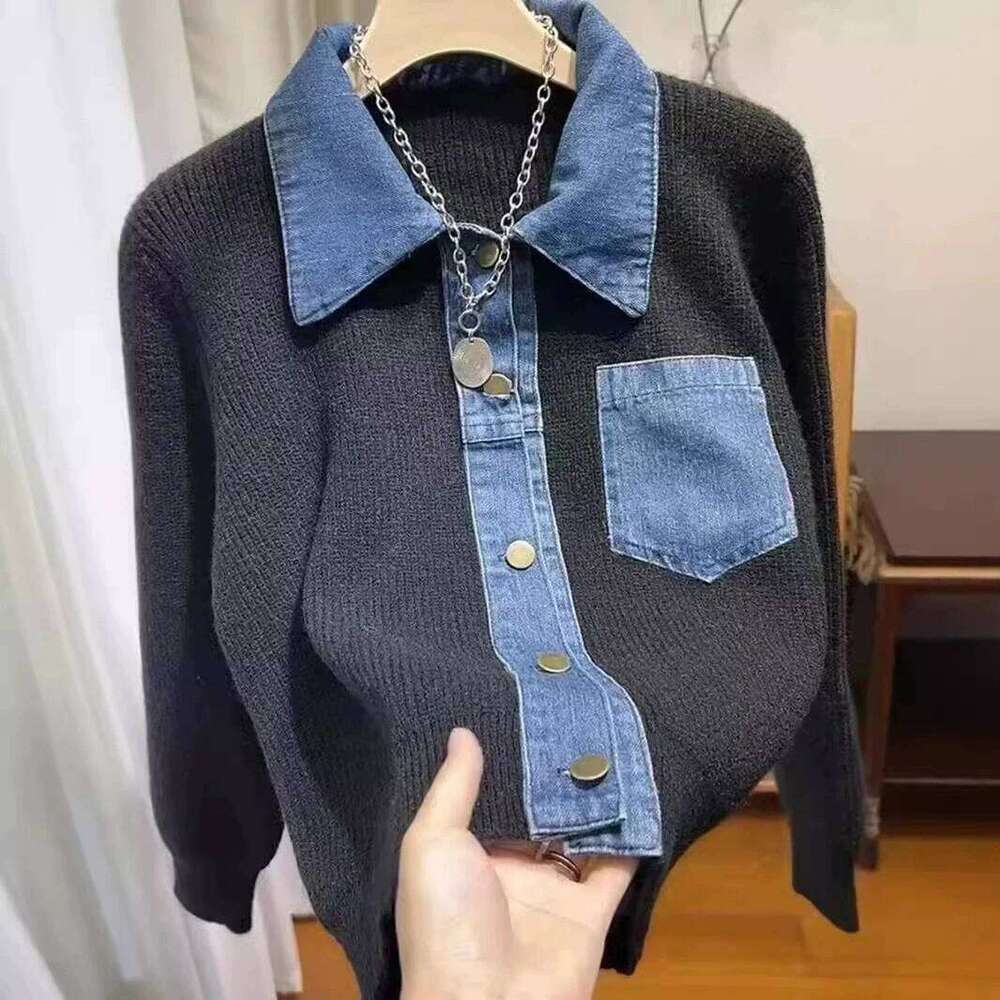 2026 Autumn Winter New Loose Fashion Long Sleeved Sweater Design Sense Polo Collar Denim Patchwork Knitted Women Cardigan Tops Z260313