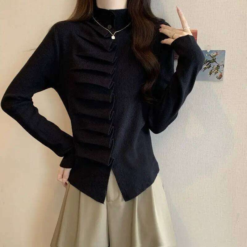 Women's Clothing Ruched Unique Slim Sweaters Autumn/Winter Long Sleeve Knit Temperament Pullover Lady Half High Collar Y2K Tops Z260313