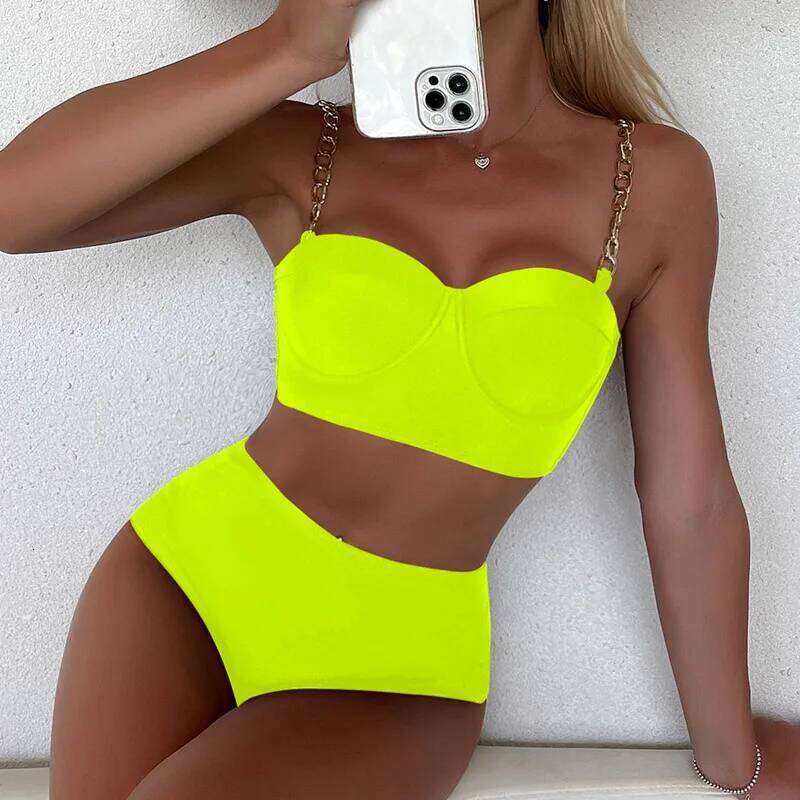 Sexy High Waist Bikini Set Women Push Up Swimwear Solid Neon Green Metal Shoulder Strap Swimsuit 2025 New Bathing Suit Beachwear Y260303