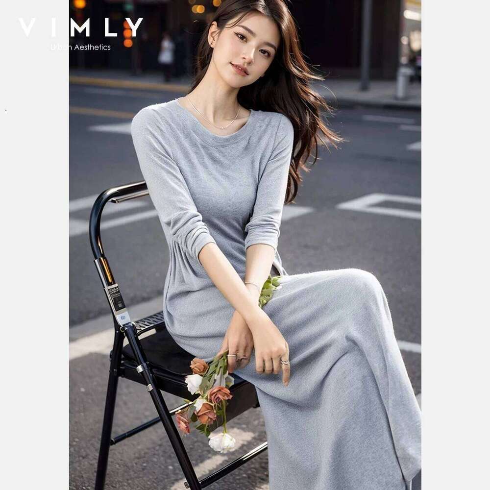 Vimly Women's Midi 2025 Autumn French Style Figure-Flattering Long Sleeve A-Line Dress Elegant Versatile Office Wear M8667 Z260313