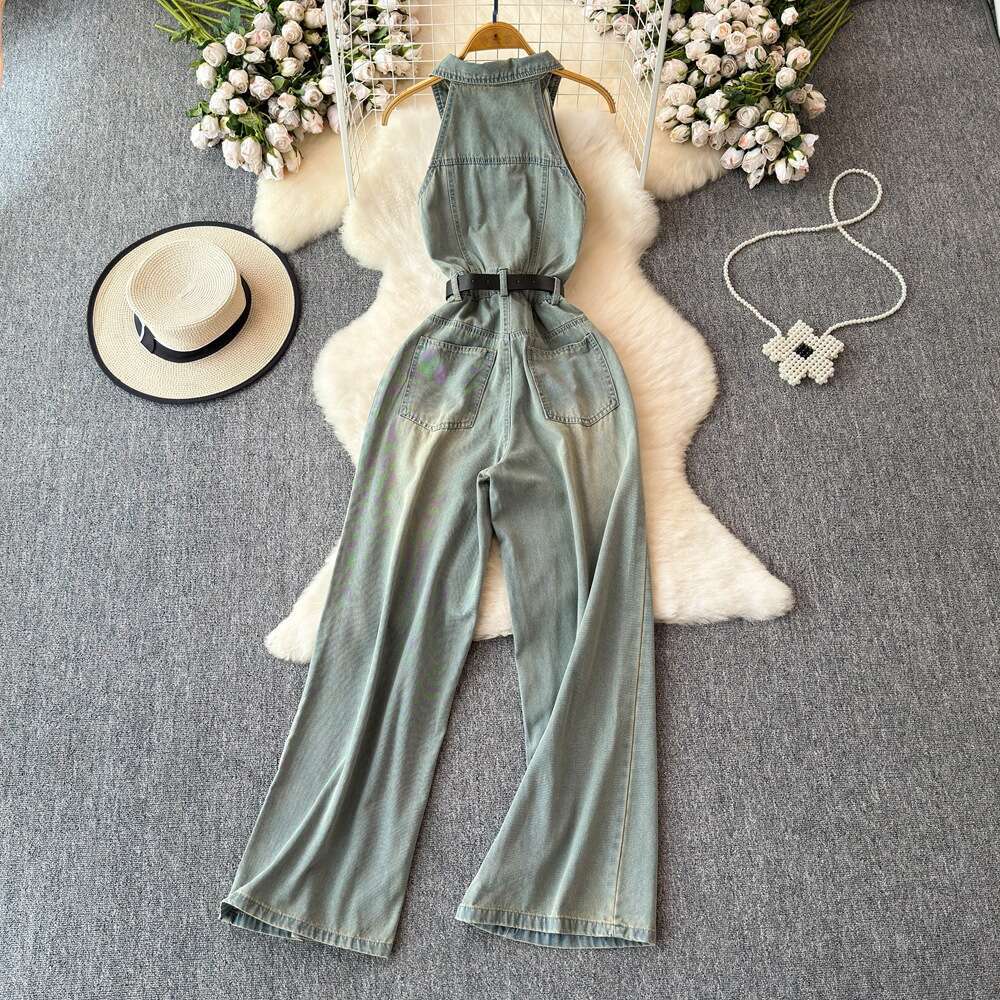 2026 summer high-end exquisite blue denim jumpsuit women's wide leg pants French retro chic