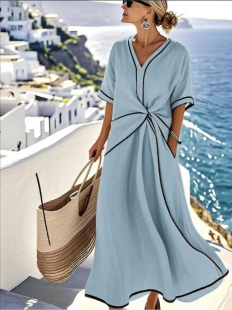 Woman Boho Loose Dress Striped Print Folds Maxi Dresses 2025 Spring Summer Casual V Neck Short Sleeve Vacation Beach Long DressT260314