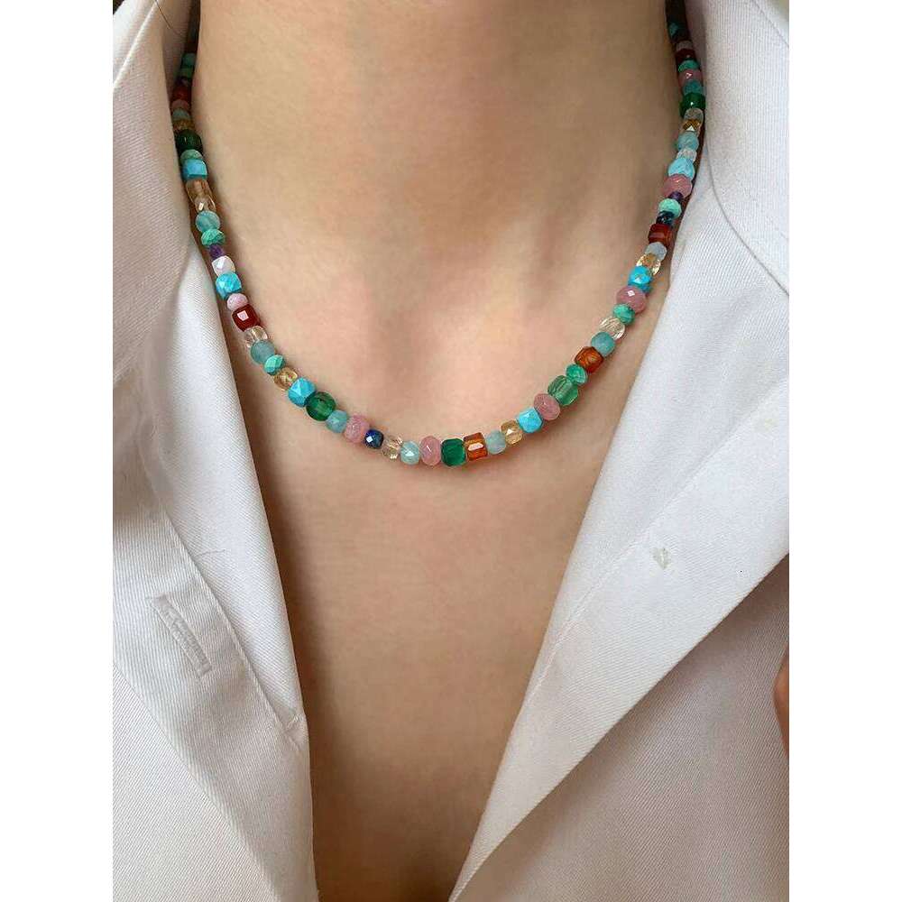 Imitate Colorful Natural Stone Beaded Necklace Women's Sweet and Fashionable Jewelry Set Elegant Accessories Neckchain for Girls H260312