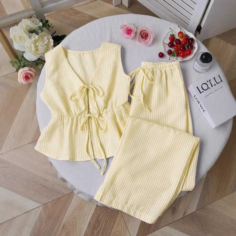 Womens Two-Piece Set -Solid Color with Stripe Detail Lounge SetStrappy Camisole Wide Leg Tie-Waist PantsSweet Casual Outfit M260313