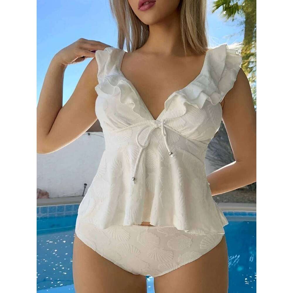 2026 Ruffle Tankini Two Pieces Solid Swimsuit Women Shell White Swimwear Female Bathers Bathing Swimming Swim Suit Beachwear 26H0313