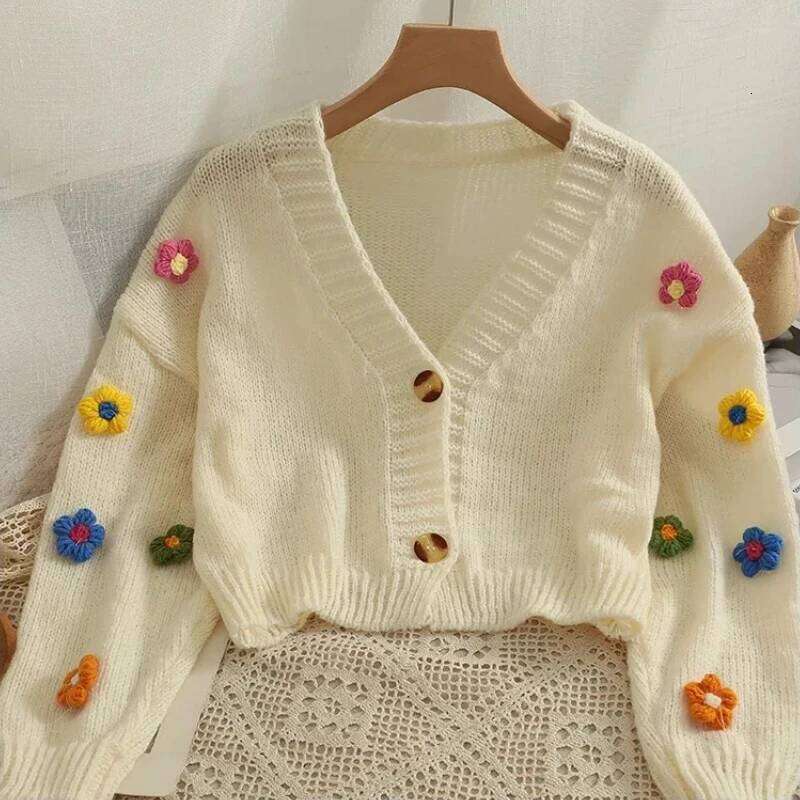 2025 New Autumn Winter Colourful Applique Flower Cardigan for Women Cute Long V-neck Knit Crop Sweater Girl Soft Knitwear Z260314