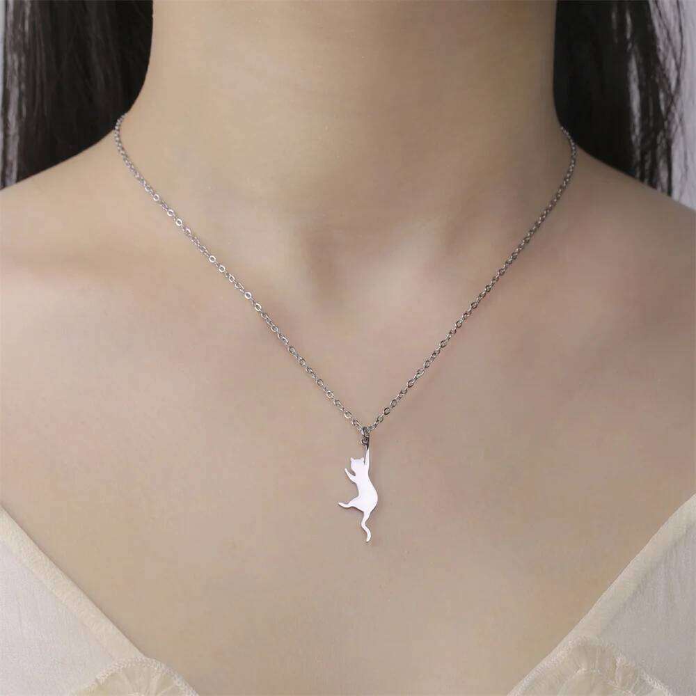 My Shape Cat and Fish Bones Pendant Necklaces for Women Girls Kitten Animals Charms Neck Chain Choker Stainless Steel Jewelry H260312