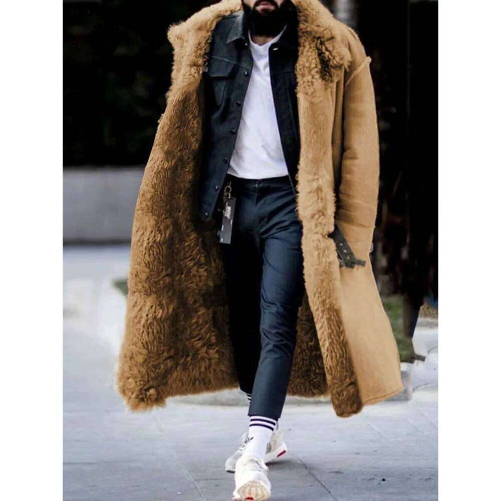 Men's Autumn Winter Thick Coat Faux Fur Jacket Solid Color Long Sleeve Button Turndown Collar Warm Casual Fashion Overcoat Z260313