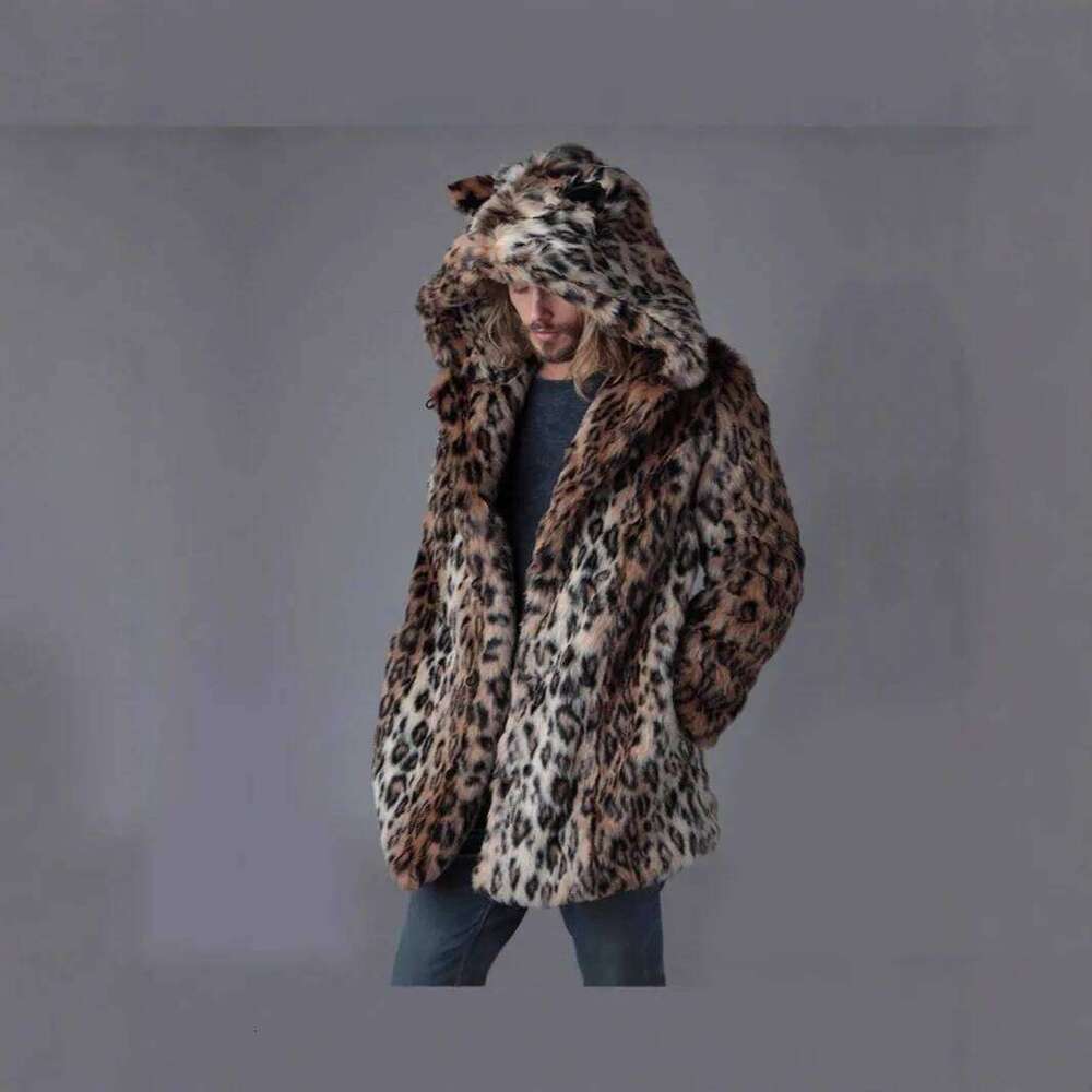 Men Faux Fur Jacket Winter Coat Thick Hooded Leopard Print Mid Length Warm Ears Overcoat Vintage Loose Casual 2025 Outerwear Z260313