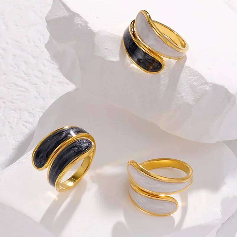 Stainless Steel Black and White with Enamel Simple Double Layer Oil Dripping Adjustable Open Finger Ring for Women No Fade H260312