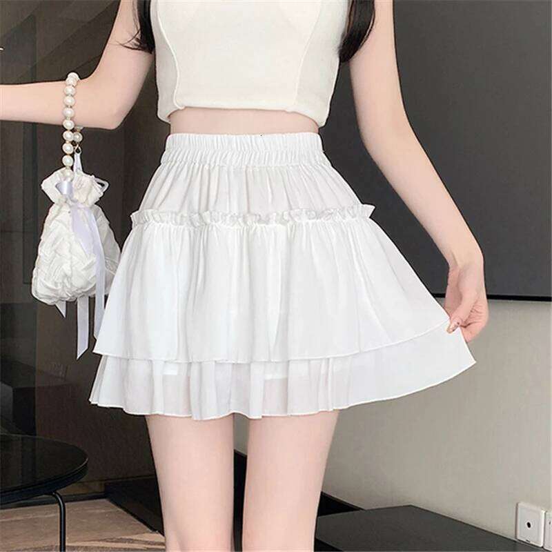 Summer Kawaii Elastic High Waist Black White Ruflles Skirt Women Fashion Slim Fit Chiffon Mini Skirts Giris Y2k All Match Faldas Z260314