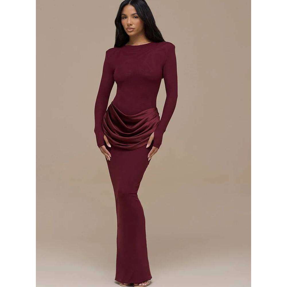 JULISSA MO Long Sleeve Round Neck Women Maxi Coffee Patchwork Satin Slit Autumn Winter Slim Elegant Party Club Dress Z260314