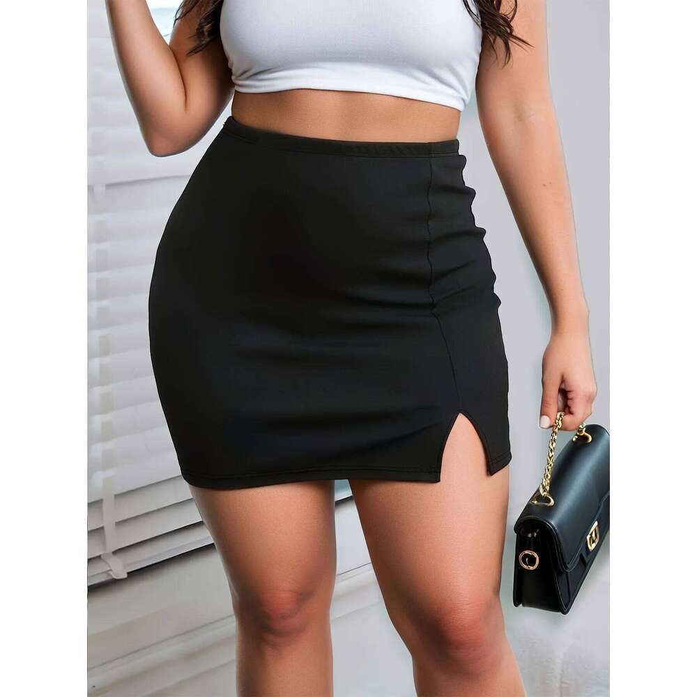 Ladies Plus Size Solid Color Bodycon Mini with Side Slit Fashion Pencil Skirt Z260314