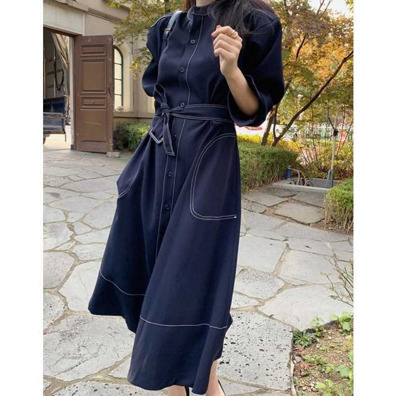 REALEFT Spring Autumn Single Breasted Womens Shirt Dresses Sashes 2024 New Stand Collar Korean Casual Straight Dress FemaleT260314