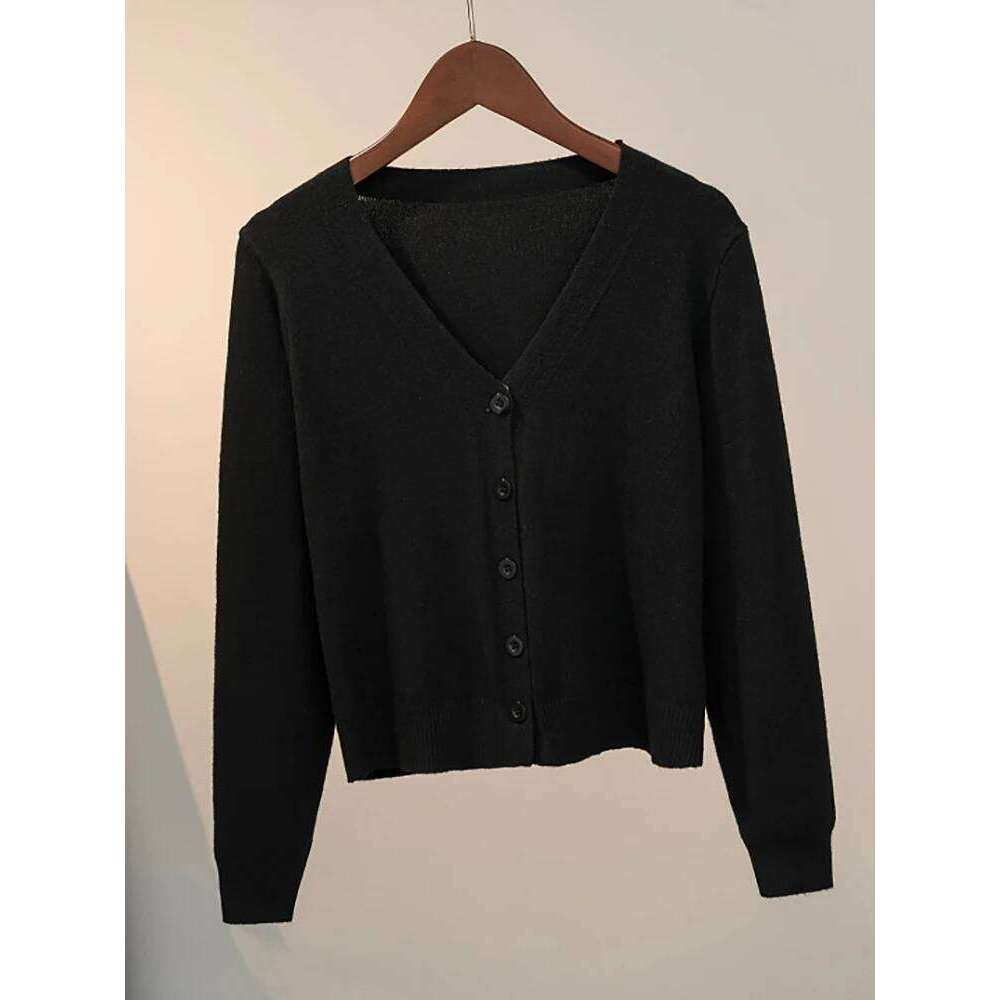 Knitted Cardigan Button Jacket 2025 Autumn Winter V-neck Long Sleeve Casual Short Tops For Women Sweater Grey White Z260313