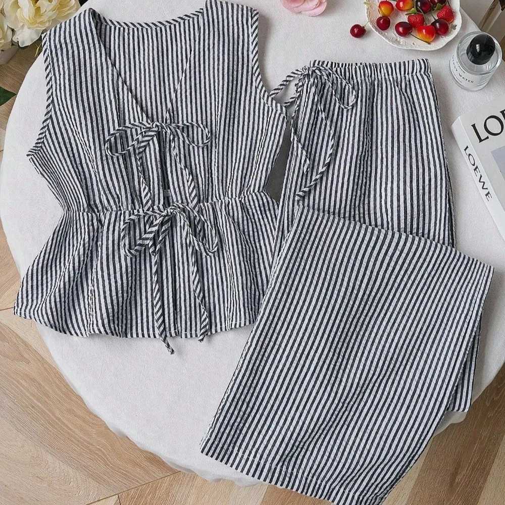 Womens Two-Piece Set -Solid Color with Stripe Detail Lounge SetStrappy Camisole Wide Leg Tie-Waist PantsSweet Casual Outfit M260313