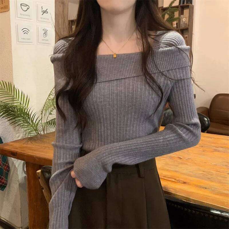 Solid Sexy Slim Off Shoulder Slash Neck Long Sleeve Knitting Sweater Women Jumpers Office Fashion New Z260313