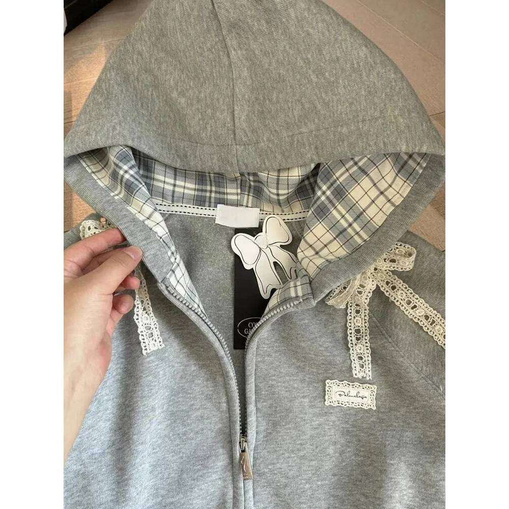 Zoki Lace Patchwork Hoodies Women Cute Bow Sweatshirt Japan Preppy Style Sweet Loose Long Sleeve Female Gray Outwear Z260314